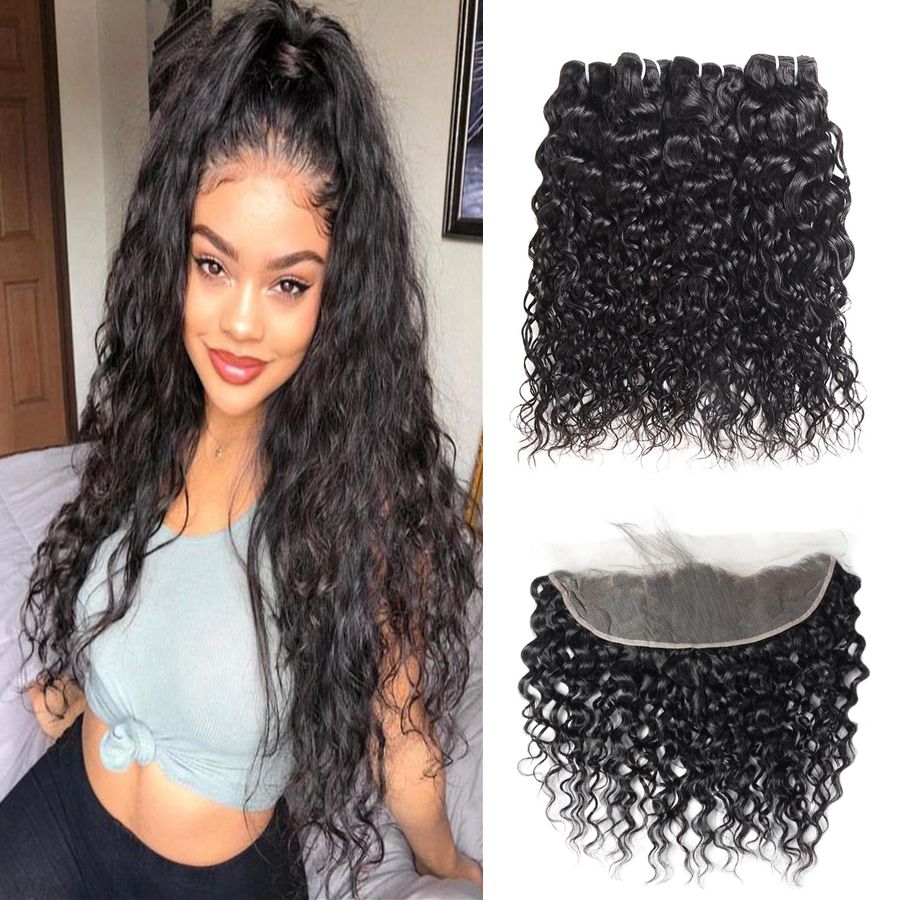 

Meetu Brazilian Human Hair Bundles with Closure 13x4 Lace Frontal Body Deep Loose Indian Virgin Water Kinky Curly Extensions for Women All Ages Natural Black 8-28inch, Straight