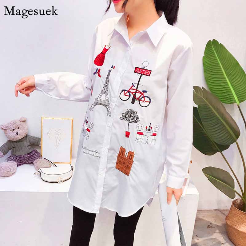 

Long Sleeve Cotton Embroidery Blouse New White Women Blouse Lady Casual Button Design Turn Down Collar Female Shirt 5083, White-trolley