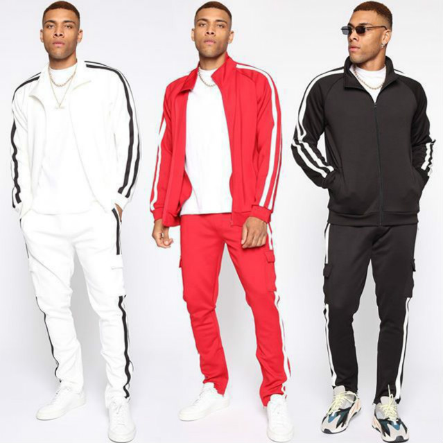 

Men Tide Tracksuits Clothing Sutis 2020 Fashion Striped Printed Sport Hoodies + Pants Casula Loose Hit Color Fitness Sports Clothes Sets Hot, Red