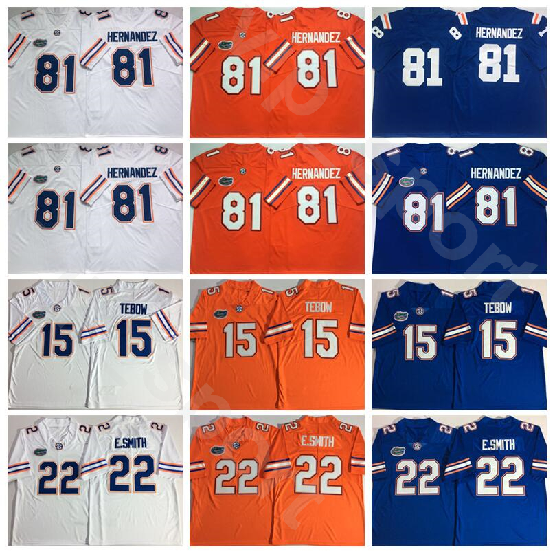 

NCAA College Florida Gators Football 22 Emmitt Smith Jersey 81 Aaron Hernandez 15 Tim Tebow University Breathable Orange White Blue, 15 orange
