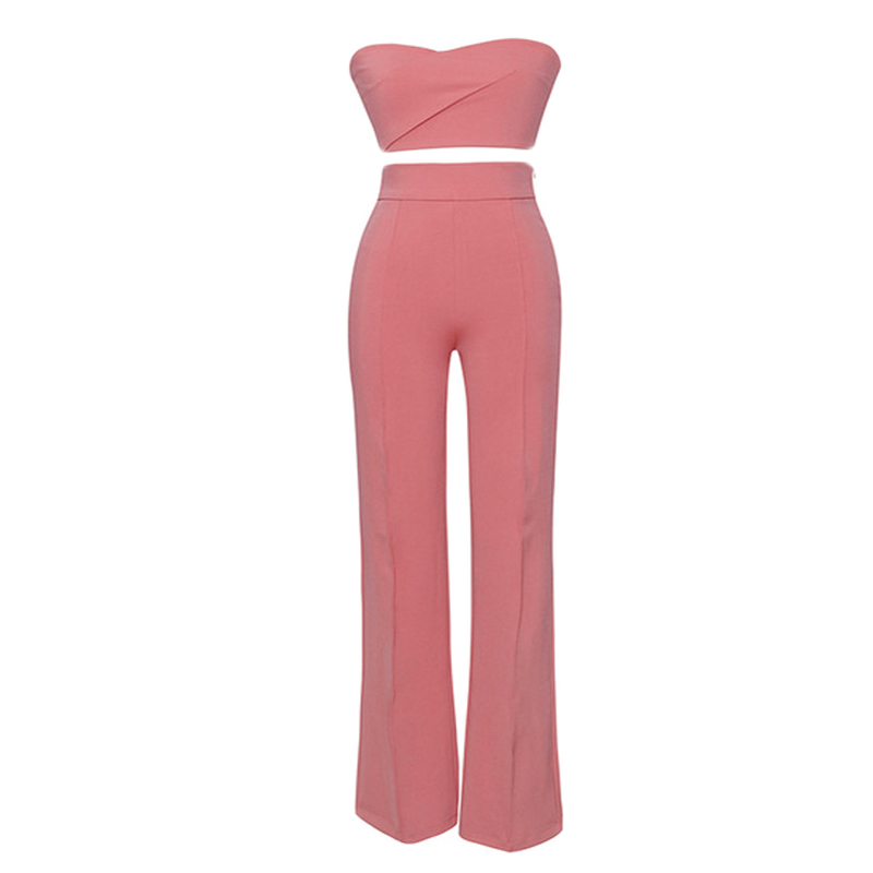 

Bevenccel 2020 sexy Pink Two Piece set Stretch Crepe Pant Suit High Waist Party Casual Loose Long Pants bustier top women's set
