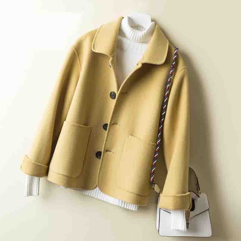 

100% Wool Coat Women 2020 Spring Autumn high quality Double-sided Cashmere Jacket Long sleeve Casual plus size Short Coats, Black