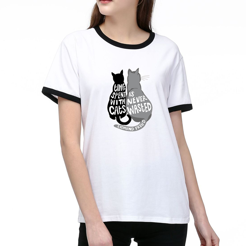 

Women Designer T Shirts Summer Fashion Tops Lady Tees Breathable Short Sleeves Cats Pattern Printed Tees Shirt Best Quality Cotton Blend, Black