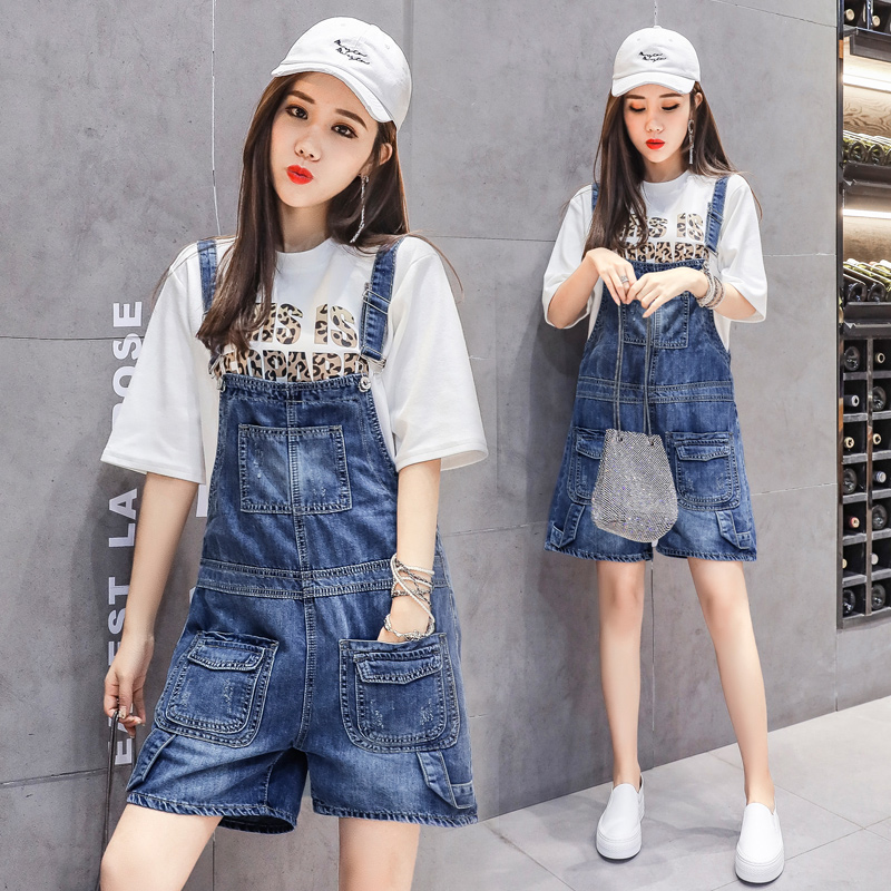 

Pregnant Woman Straps Denim Shorts+Pockets Plus Size High Waist Maternity Short Jeans Fashion Cotton Jumpsuits Wide Leg Overalls, 9029blue