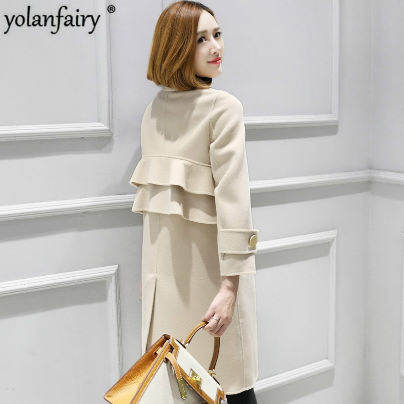 

2020 Long 100% Wool Coat Women Double-sided Wool Jacket Korean Fashion Ladies Coats Jackets Abrigos Mujer Elegante KS1728 KJ4064, Army yellow