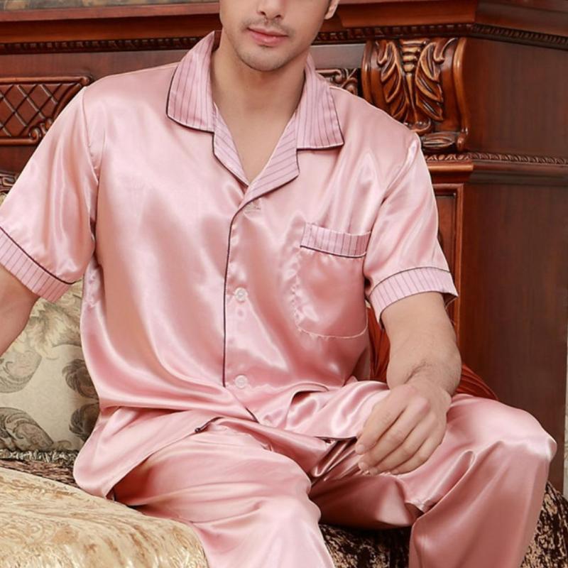 

Men Casual Short Sleeve Turn Down Collar Top Pants Pockets Pajamas Sleepwear Set Leisure Male Home Clothing, Pink