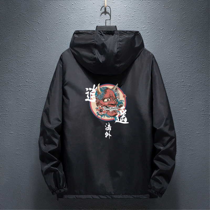 

new Men Fashion Hip Hop Windbreaker Jackets Japanese Casual Hooded Jackets Streetwear Men Women Loose Harajuku Devil Coat Male