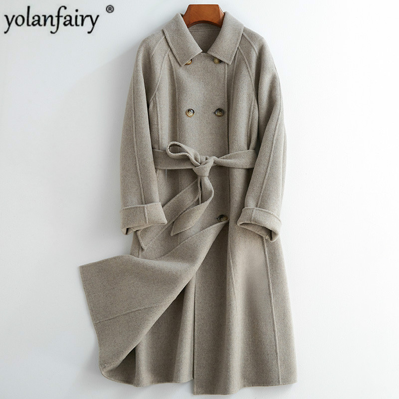 

2020 Long Wool Coat Women Double Breasted Korean Jacket Spring fall Woolen Coat Overcoat Abrigos Mujer Elegante B19Y01668 KJ4157, Gray