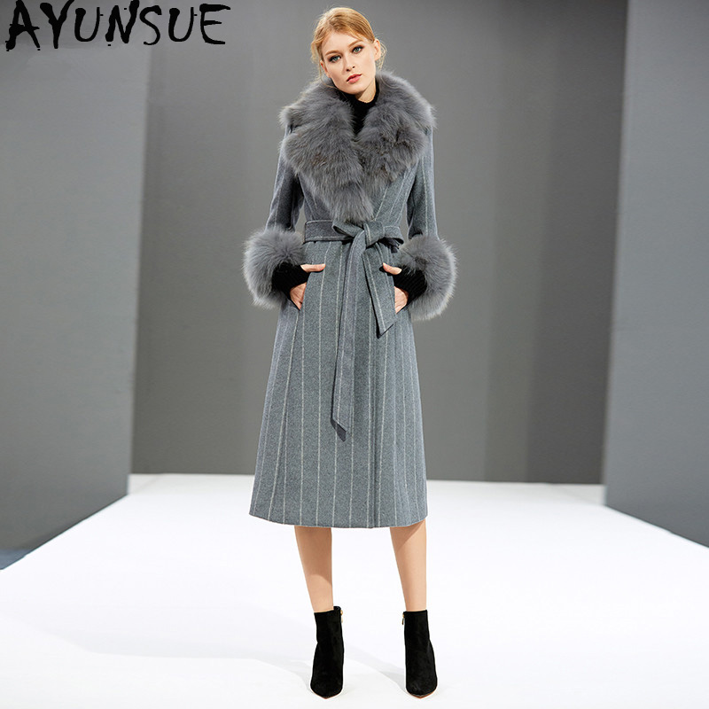 

AYUNSUE Wool Coat Female Jacket Winter Coat Women Clothes 2020 Fur Collar Woolen Women Korean Jackets Abrigo Mujer MY, Gray with belt