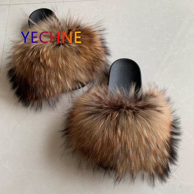 

Hot Sale Real Fur Slippers Women Fox Fluffy Sliders Comfort With Feathers Furry Summer Flats Sweet Ladies Shoes Plus Size 36-45, Black