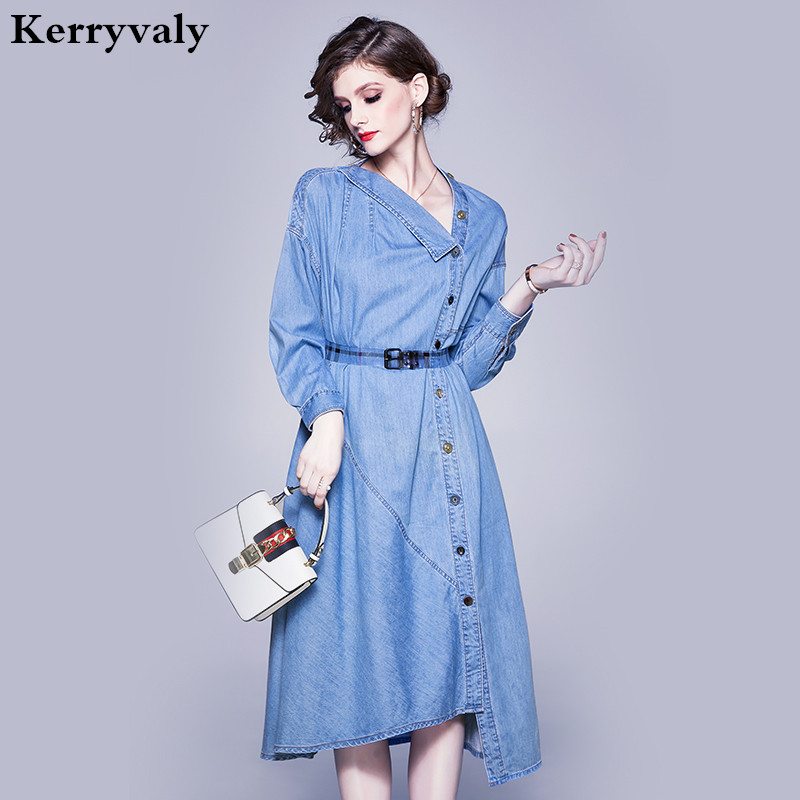 

Autumn Plus Size Loose Asymmetric Blue Denim Dress Vestidos Verano 2020 Computer Cable Lock Female Midi Jeas Dress K3120