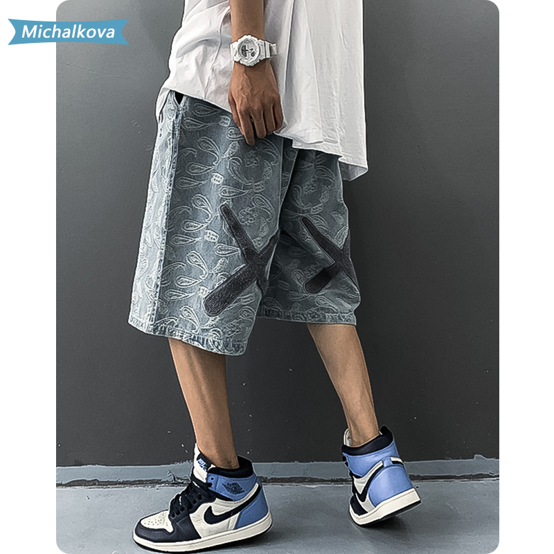 

Embroidery Denim shorts women/Men's clothes Beach pants loose and comfortable Casual street fashion Hip hop Jogger michalkova, Blue