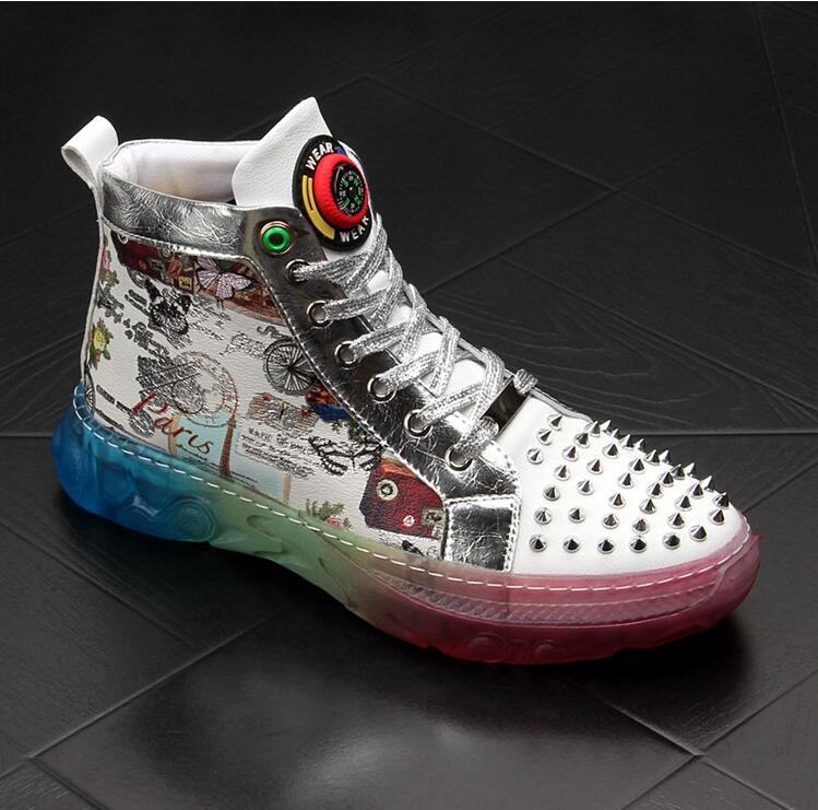 

New High Quality Runner Sneaker Men designer shoes trendsetter rivet graffiti jelly platform Casual high-top Flats Man Rock Loafers da41, Black