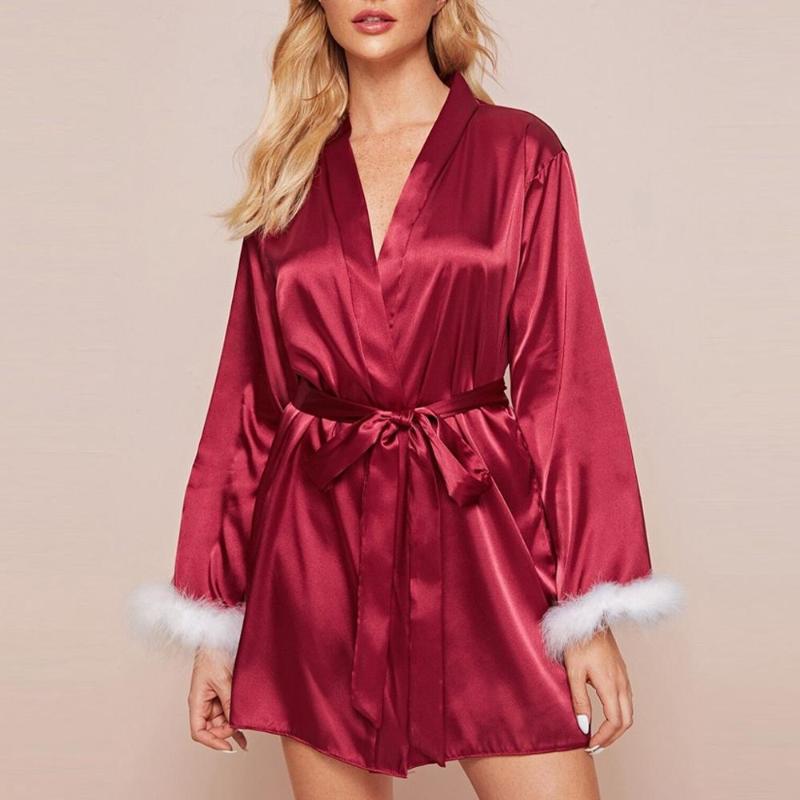 

sexy New Women Lingerie Solid color feather Satin Silk Robes Underwear Sleepwear peignoir satin femme F, Pink