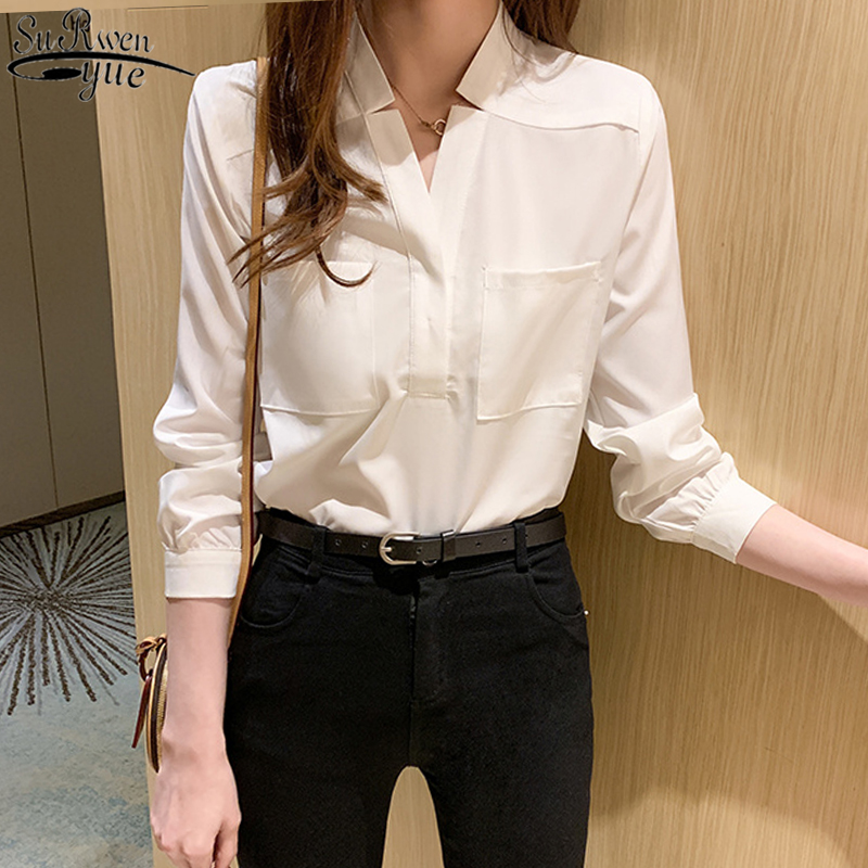 

New Female Korean Loose V-neck Long Sleeve Shirts Women Shirt Classic Chiffon Blouse Lady Simple Style Tops Clothes Blusas 10505, White