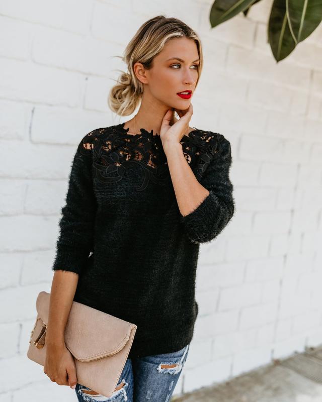 

2020 Autumn Winter Tops Women' Knitted Sweater Knitwear Pullover Sweaters Lace Long Sleeve Jumpers Casual Sexy Sweaters, Black