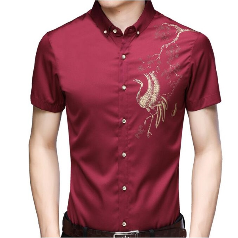 

New Short Sleeve Social Peacock Men Shirt Dress Casual Slim Fit Summer Male Shirts Mens Fashions Streetwear Clothing Camisa, Black