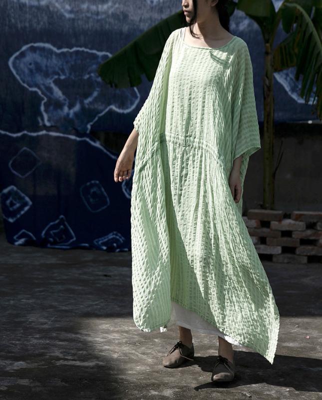 

Original Striped Long Maxi Dress Short Sleeve Summer New Style Women Cotton Open Slit Vestidos Women' Vintage Dress plus size, Light green