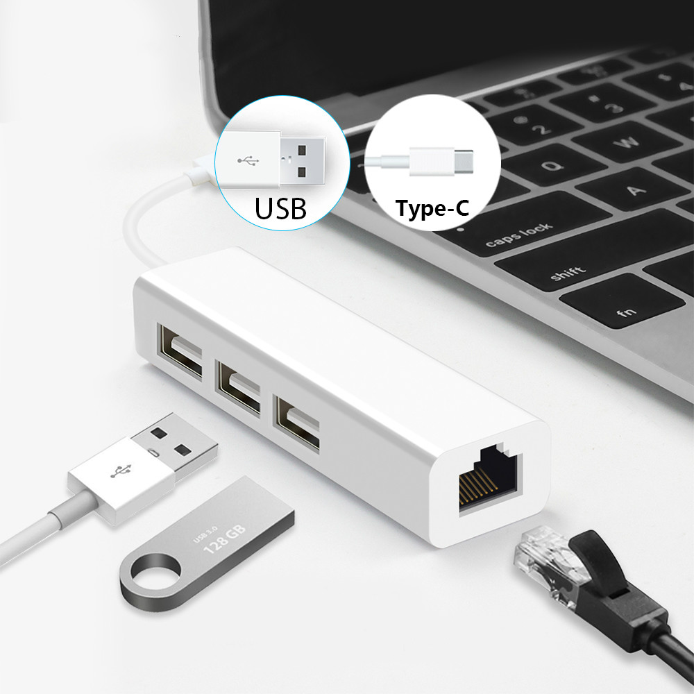 

USB Ethernet with 3 Port USB HUB 2.0 RJ45 Lan Network Card USB to Ethernet Adapter for Mac iOS Android PC RTL8152 2.0 HUB