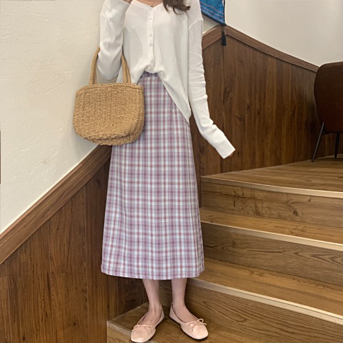 

2020 New Korean Style All-match High Waist Slim Split Plaid A- line Skirt Women's Midi Skirt, Blue