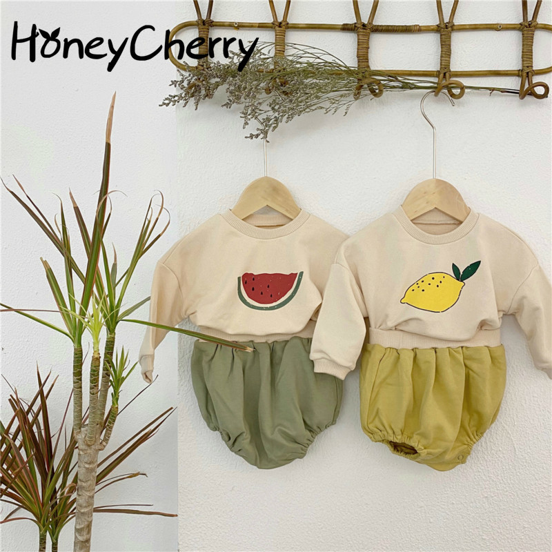 

Spring and Autumn Fruit Printed Sports Casual Sweater Shorts Suit + Hat newborn baby girl clothes, Beige-yellow