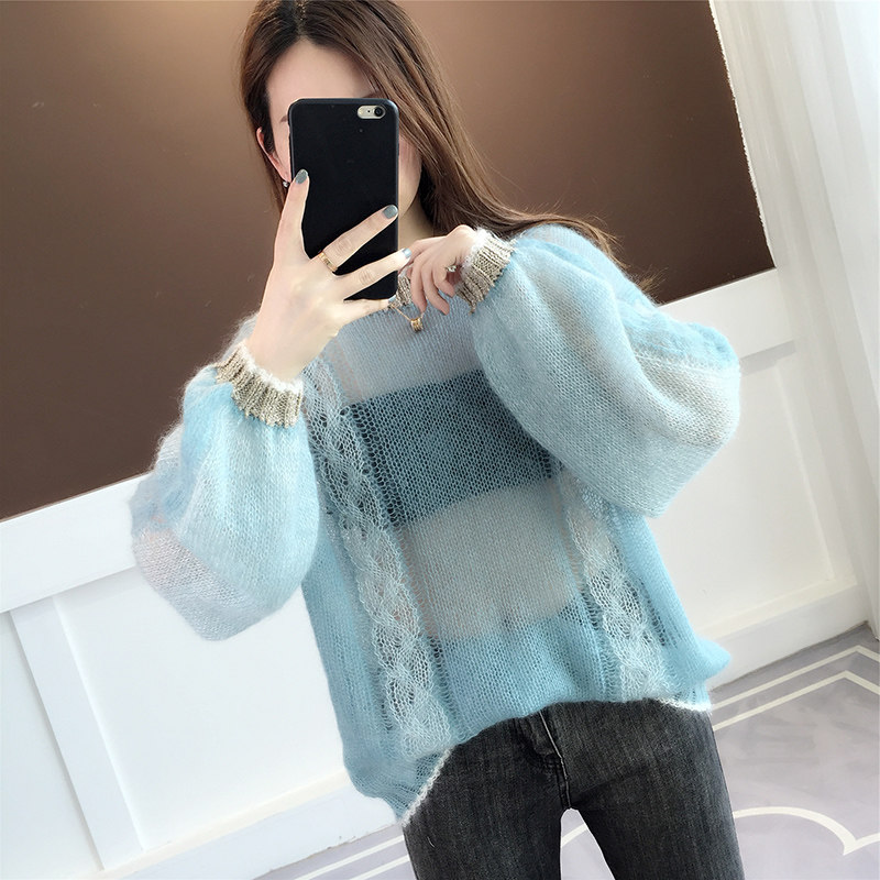 

Thin hollow hedging knitted sunscreen sweater 2020 autumn and summer new Korean loose college style sweater women's pullovers, Blue sweater
