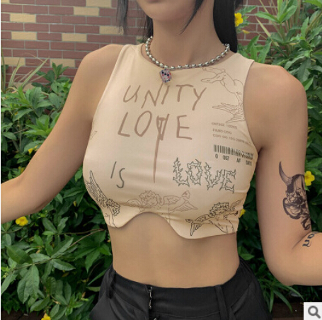 

Women's Cropped Shirt Summer Top Letters Printed Wrapped Elastic Casual Party Round Neck Clothes Sexy Beach Figure Swimsuit, As pic