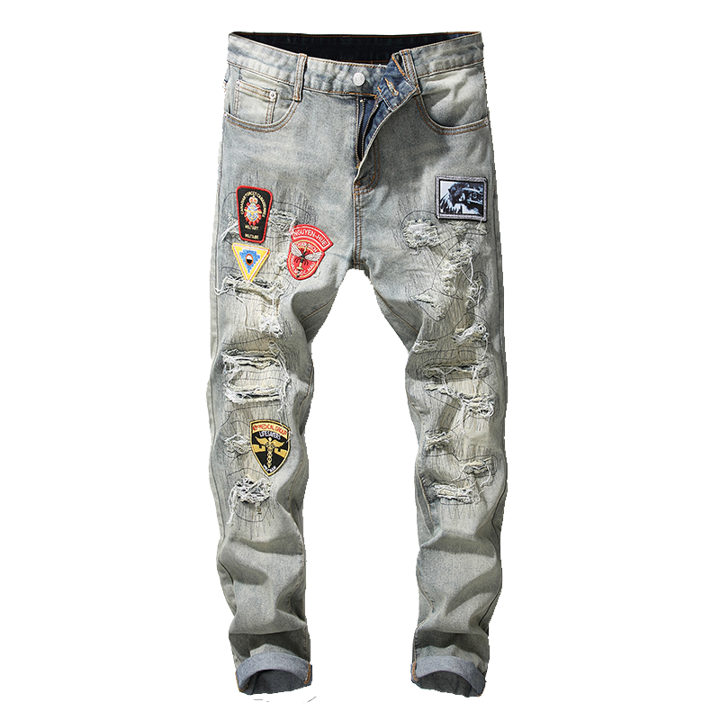 

Men's Retro Blue/Black Hole Jeans Autumn Winter Biker Embroidery Badge Stretch Jeans Male Streetwear Destroyed Ripped Homm