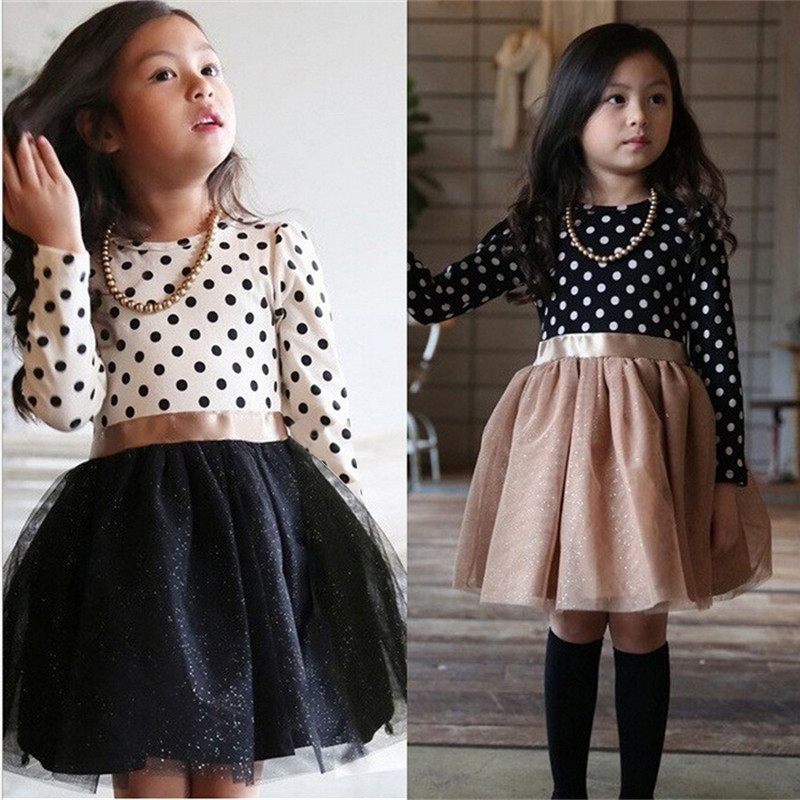 

2020 Autumn Winter Dress Toddler Girls Polka-Dot Clothes Kids Long Sleeves Dresses for Girls Children Casual Clothing, Black