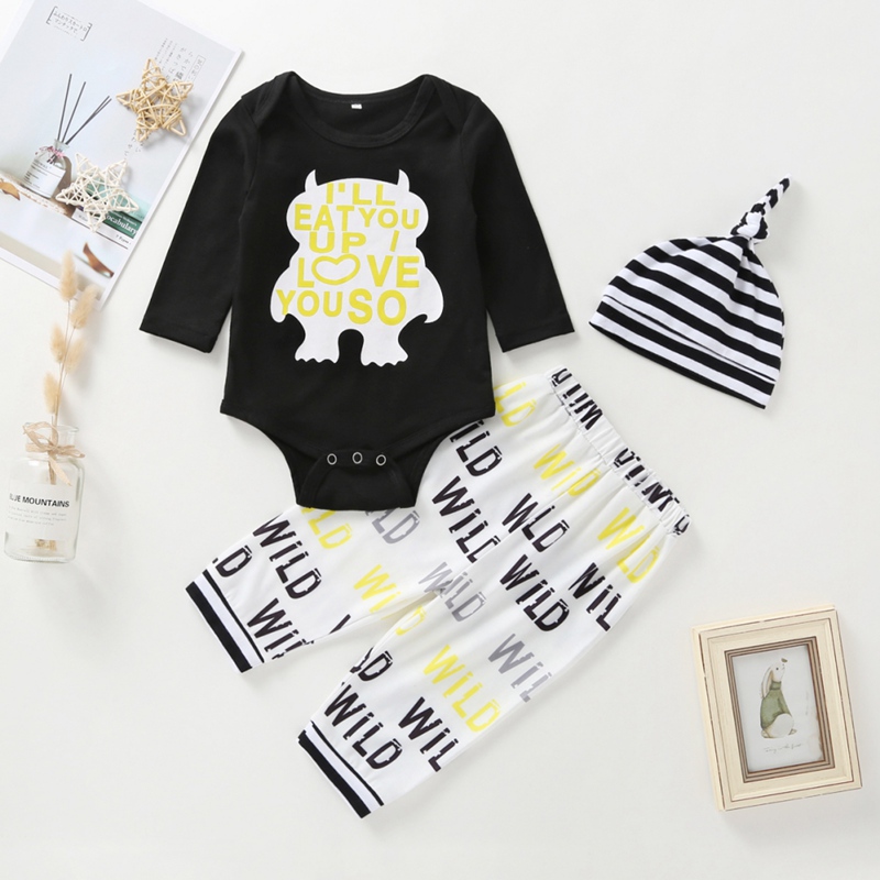 

0-24M Autumn Baby Boy Girl Long Sleeve Letters Print Romper Tops Trousers Striped Hat Outfits Clothes Newest