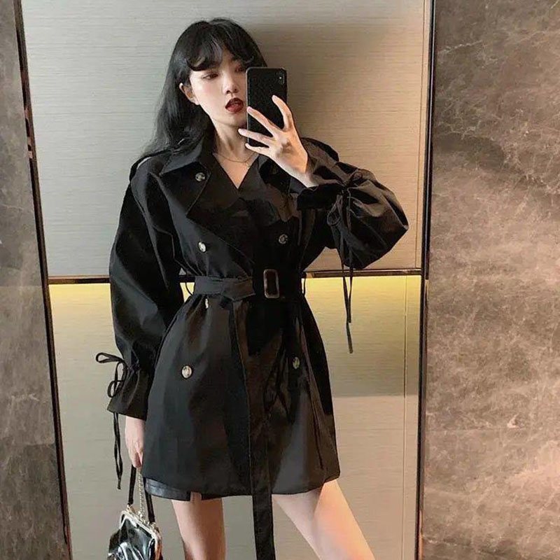 

2020 Spring And Autumn Female Trench Coat Long British Wind Tooling Coat Waist Fashion Leisure Women's Windbreaker, Black