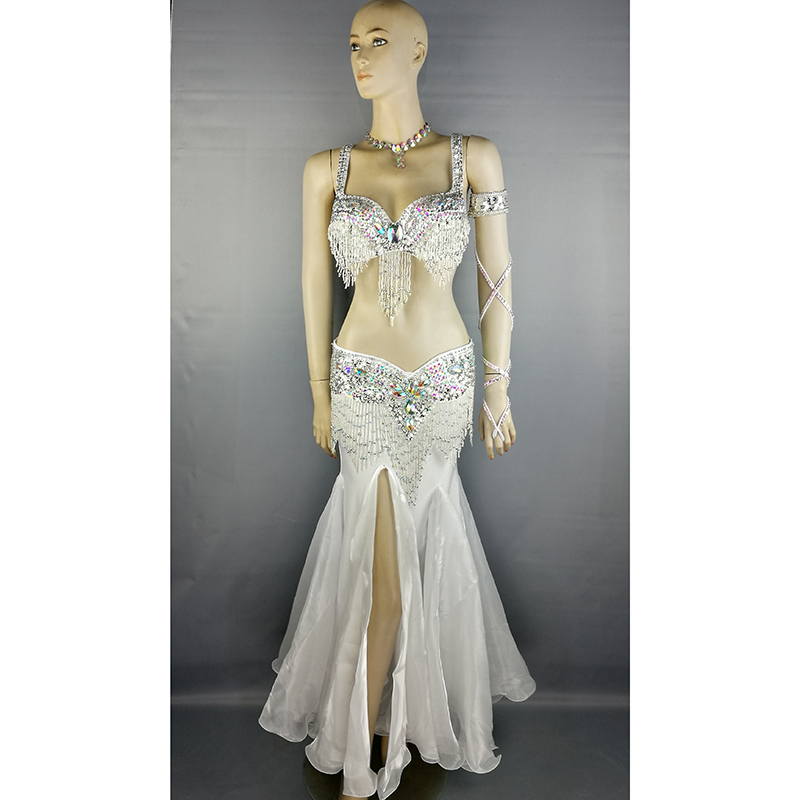 

Free shipping high quality belly dance costume wear stage performance 5-piece suit Beaded bra belt belly dancing skirt dress set, Black