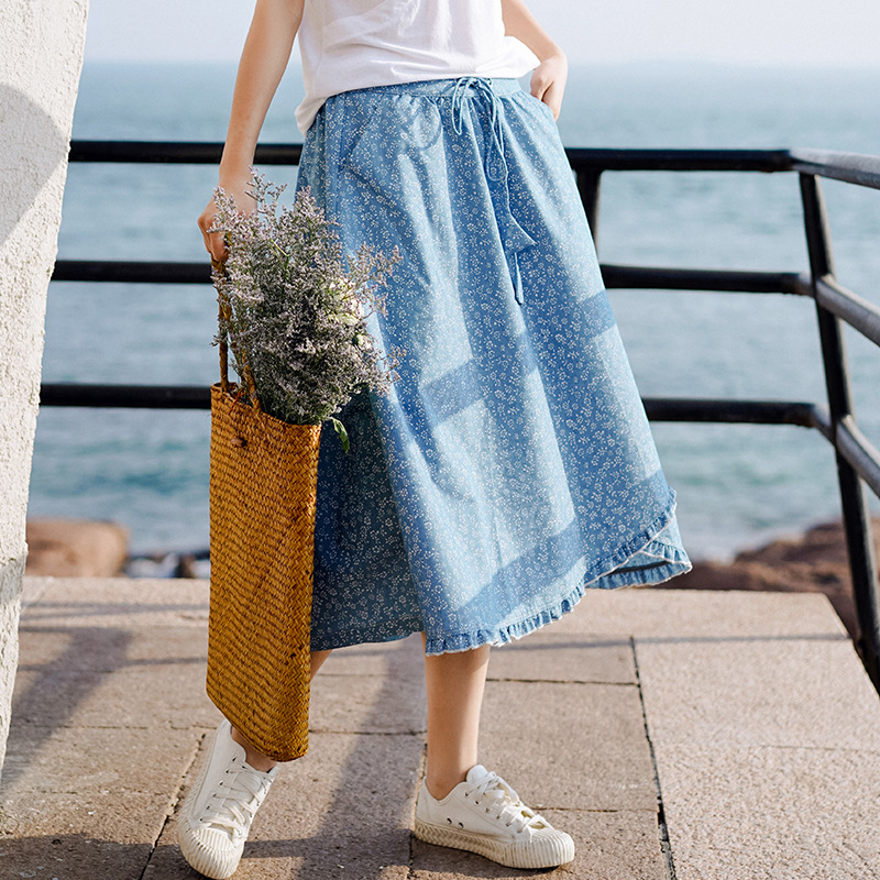 

Johnature Vintage Print Floral Denim Skirts For Women High Waist Belt 2020 New Summer Casual Women A-Line Skirts, Dark blue