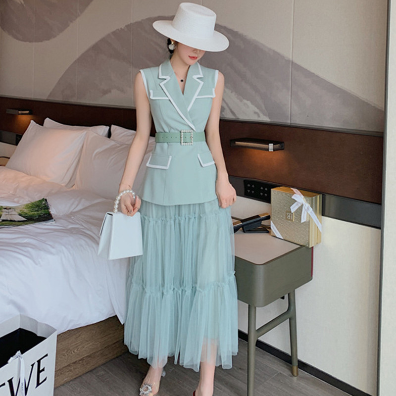 

2 Piece Set Summer Vintage Women Suit Sleeveless V Neck Suits with Belt Top and Mesh Skirt Office Two Piece Set Elegant Vestidos, Green