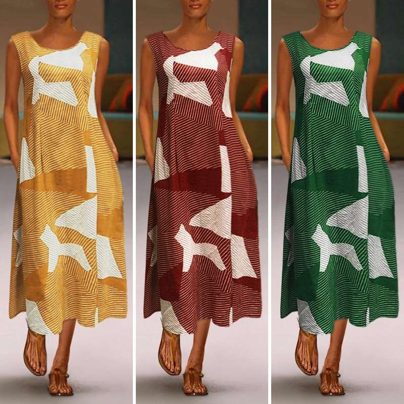 

Vintage Split Casual Sleeveless ZANZEA Women Party Holiday Sundress Dress Long Maxi Printed Striped Vestidos Robe Plus Size 5XL, Green