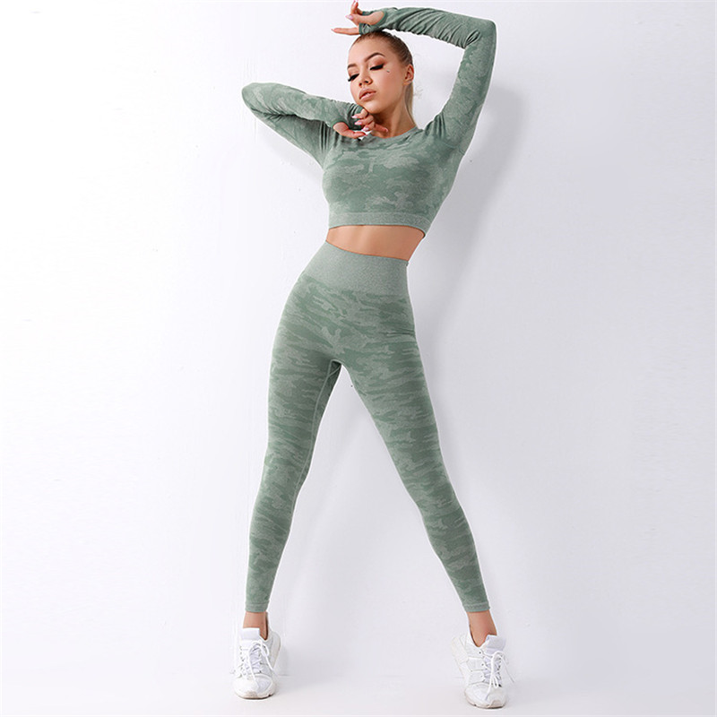 

Seamless Yoga Set Sportswear Women Fitness Clothing Booty Gym Leggings+Long Sleeve Crop Top Sport Suit Workout Clothes 2PCS Camo, Black
