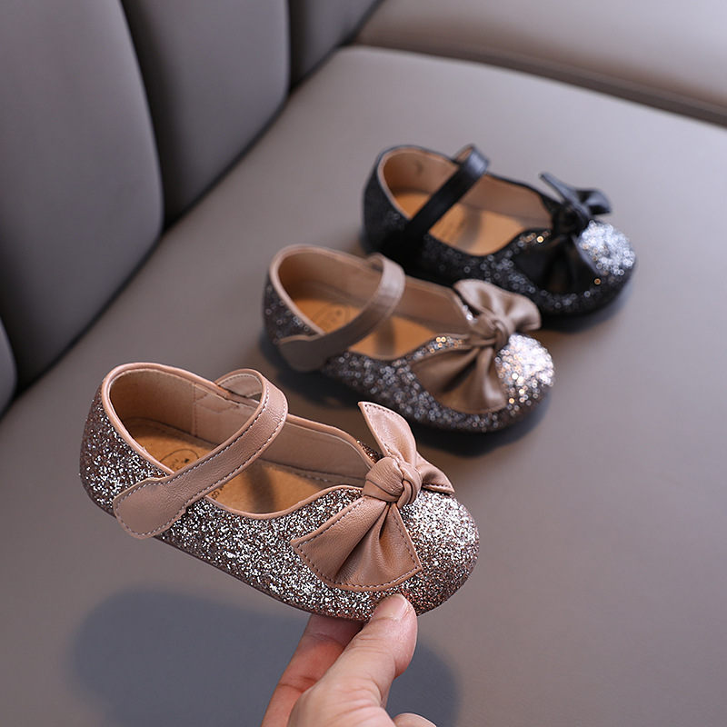 

Autumn Girls Casual Leather Shoes Sequins Princess Shoes Baby Dance Leather Children's, Black