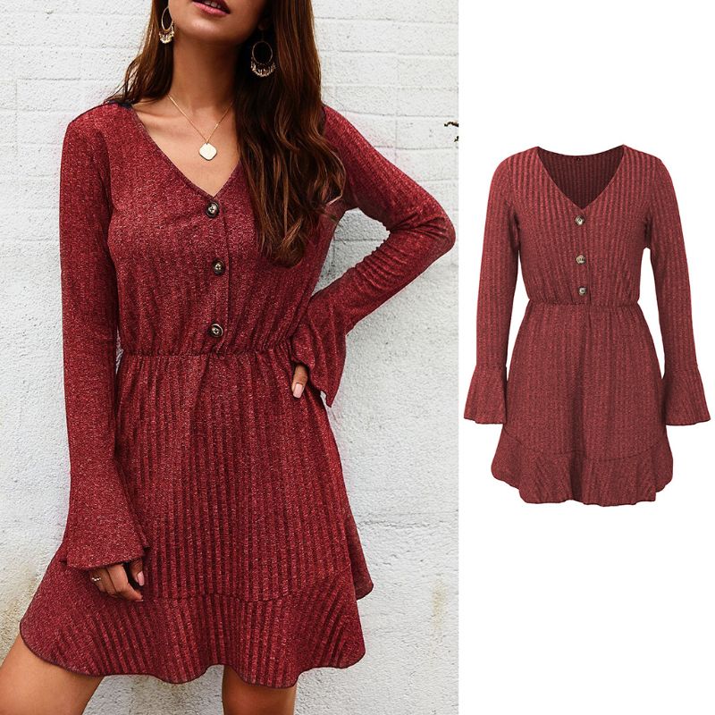 

Dress Women Flare Sleeve Ribbed Knit Ruffles High Waist V-Neck Buttons Swing Dress New, Black