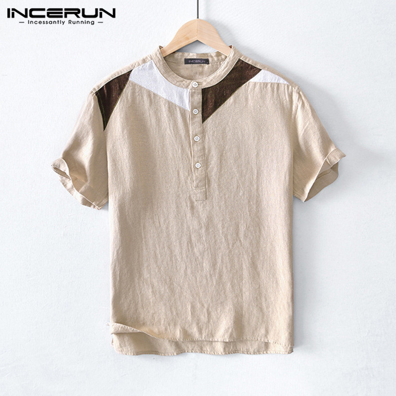 

INCERUN Summer Cotton Shirt Men Patchwork Casual Short Sleeve Vintage Streetwear Brand Shirts 2020 Breathable Leisure Camisas, Khaki