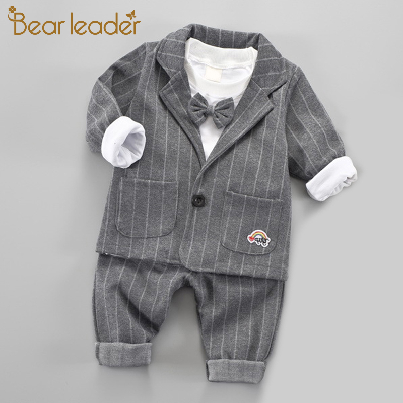 

Bear Leader Toddler Boys Clothing Set Kids Autumn Fashion Outfits 3PCS Striped Coat with Bow Tie Solid Tops Long Pants Clothing, Ah1101gray