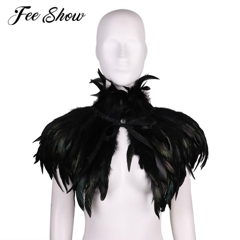

Fashion Black Vintage Gothic Victorian Natural Feather Cape Shawl Stole Poncho with Choker Collar for Halloween Costume Party