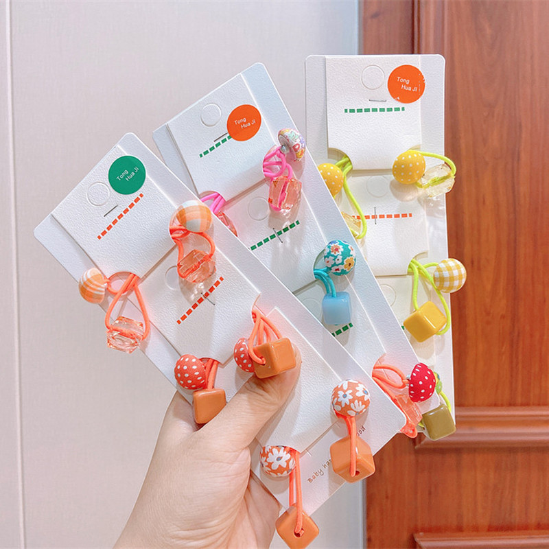 

Fashion Children Cute Fabric Button Square Acrylic Crystal Rubber Band Hair Rope Sweet Girl Princess Ponytail Hair Accessories