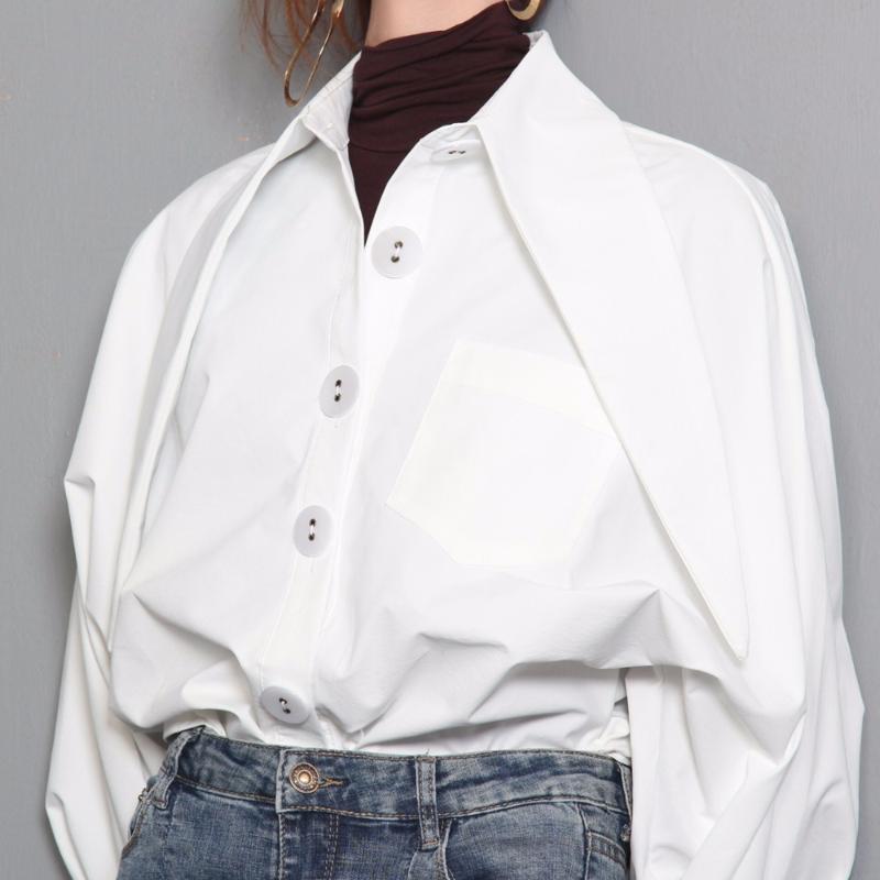 

New Autumn 100% Cotton Thick Blouses Women Vintage Loose Bat Sleeved Shirts Office Lady High Street Oversize Shirt Tops White, As pic