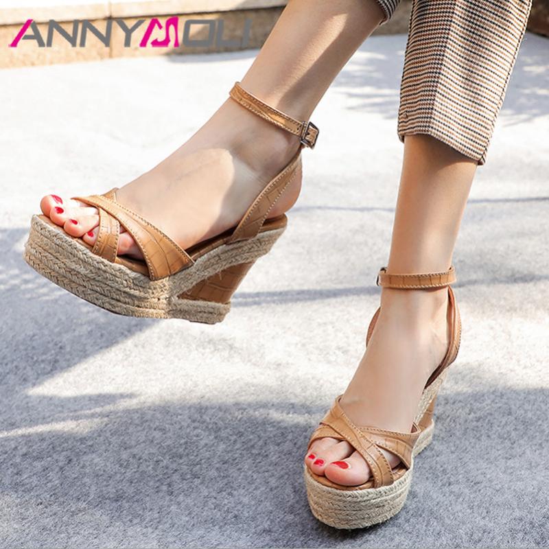 

ANNYMOLI Ankle Strap Women Sandals Espadrille Platform Super High Heel Shoes Buckle Wedge Heels Lady Footwear Summer Sandals 43, Yellow