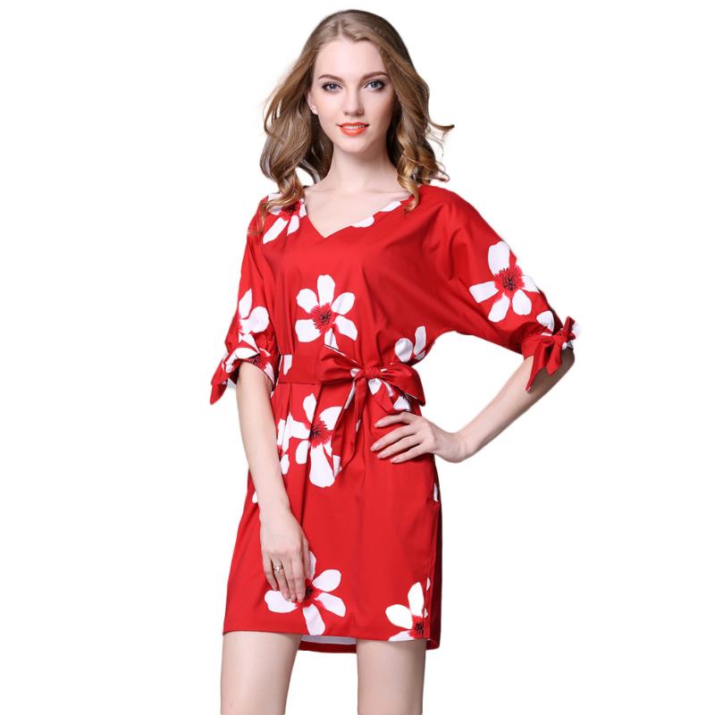 

Spring Casual Printing Loose office Dress Fashion V-neck Red Elegant Party Work Chiffon Dresses vintage