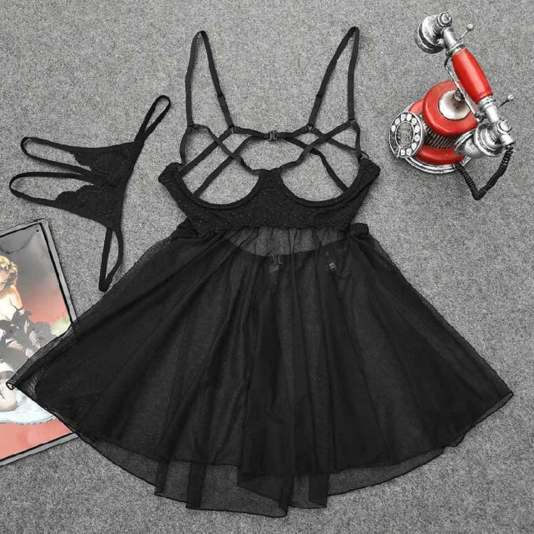 

New Open Chest Sexy Babydoll Lingerie Dress Women Suspender Nightdress Lace Mesh Seductive Nightgown Sleepwear Night Dress, Black