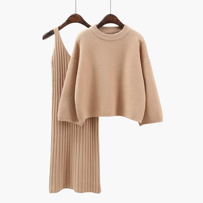 

Women set two pieces set knitted dress winter sweater suit pullover wool sweater elastic suit casual fall Knitted outfit, Khaki