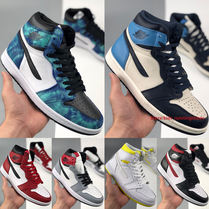 

JumpMan 1 1s Mens Womens Basketball Shoes 2020 Designer Obsidian UNC Tie Dye Chicago Varsity Maize Outdoor Sneakers Size 5.5-13, Black