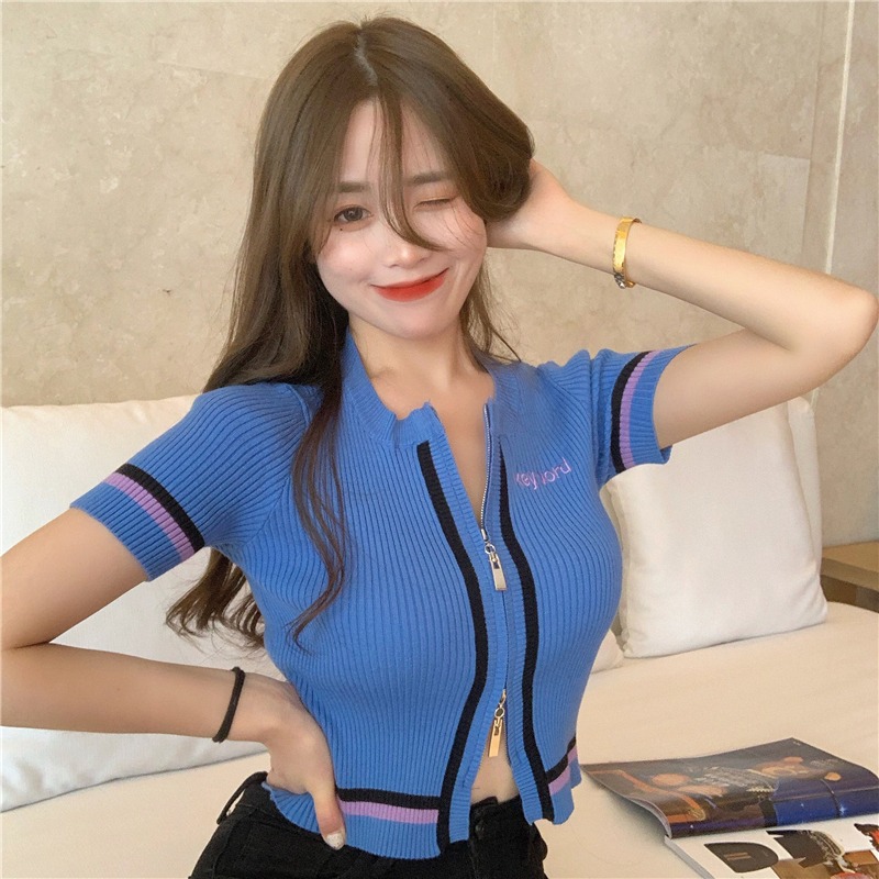 

Women Shirt Korean Version Of The Knitting Super Fire Hit Color Short-sleeved Sweater Slim Slimming Short Section Waist Tops, Black