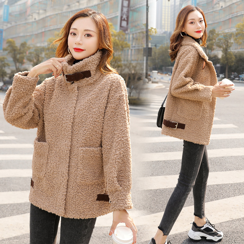 

Fashion Korean 2020 New Autumn Winter Casual Fashion Warm Loose Solid Color Particle Velvet Large Pocket Wool Women's jacket W14, Khaki